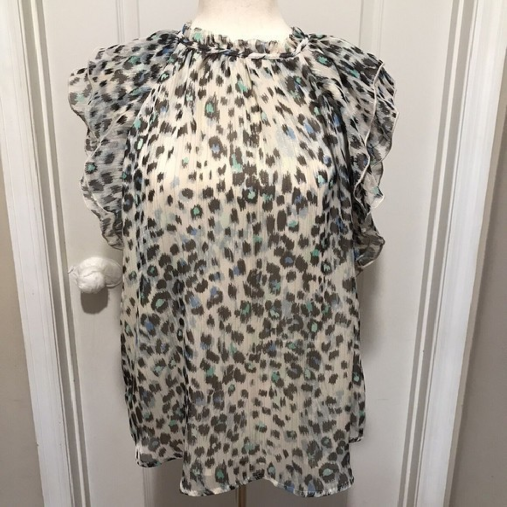 Loft‎ Shimmer Animal Print Ruffle Blouse Size Medium Sleeveless Multicolor